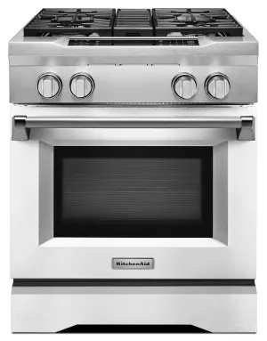 Kitchenaid KDRS407VMW 30'' 4-Burner Dual Fuel Freestanding Range. Commercial-Style Imperial White