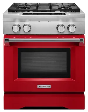 Kitchenaid KDRS407VSD 30'' 4-Burner Dual Fuel Freestanding Range. Commercial-Style Signature Red