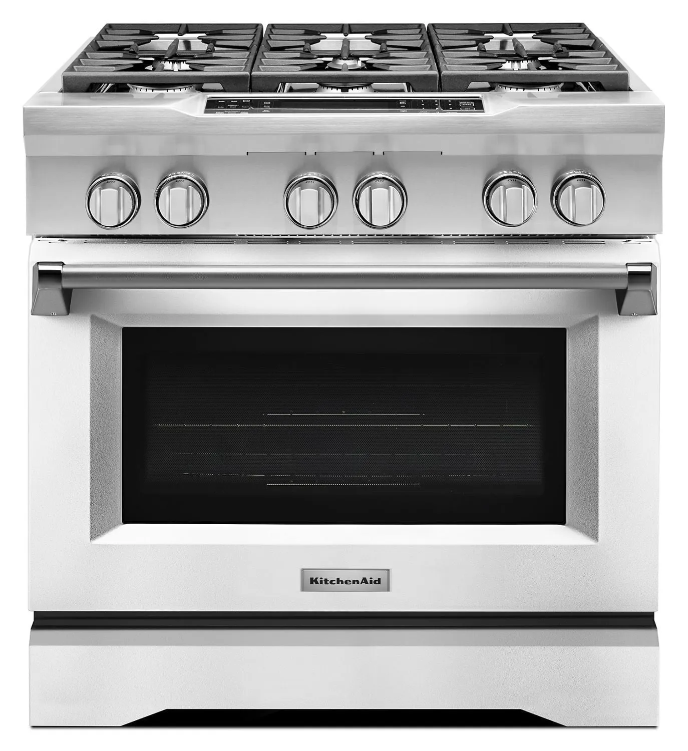 Kitchenaid KDRS467VMW 36'' 6-Burner Dual Fuel Freestanding Range. Commercial-Style Imperial White