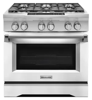 Kitchenaid KDRS467VMW 36'' 6-Burner Dual Fuel Freestanding Range. Commercial-Style Imperial White