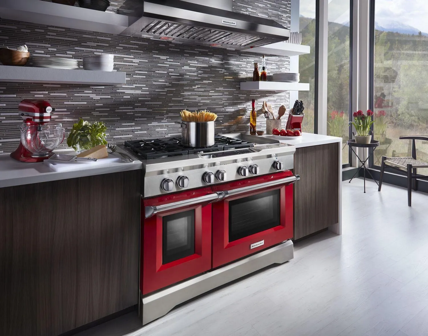 Kitchenaid KDRS483VSD 48'' 6-Burner With Griddle. Dual Fuel Freestanding Range. Commercial-Style Signature Red
