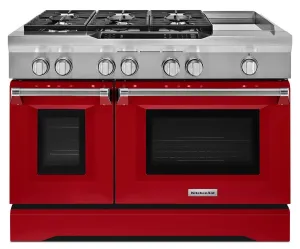 Kitchenaid KDRS483VSD 48'' 6-Burner With Griddle. Dual Fuel Freestanding Range. Commercial-Style Signature Red