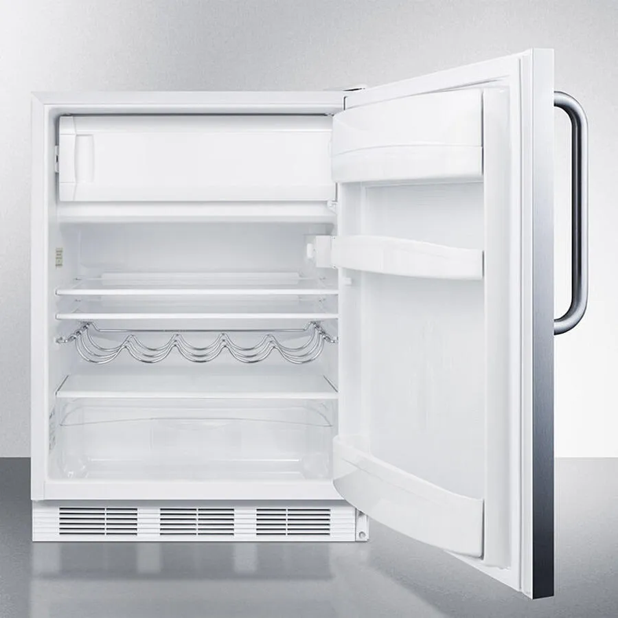 Summit CT661WSSTB Freestanding Counter Height Refrigerator-Freezer For Residential Use. Cycle Defrost With A Stainless Steel Wrapped Door. Towel Bar Handle. And White Cabinet
