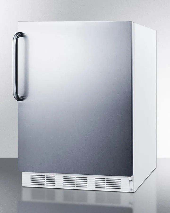Summit CT661WSSTB Freestanding Counter Height Refrigerator-Freezer For Residential Use. Cycle Defrost With A Stainless Steel Wrapped Door. Towel Bar Handle. And White Cabinet