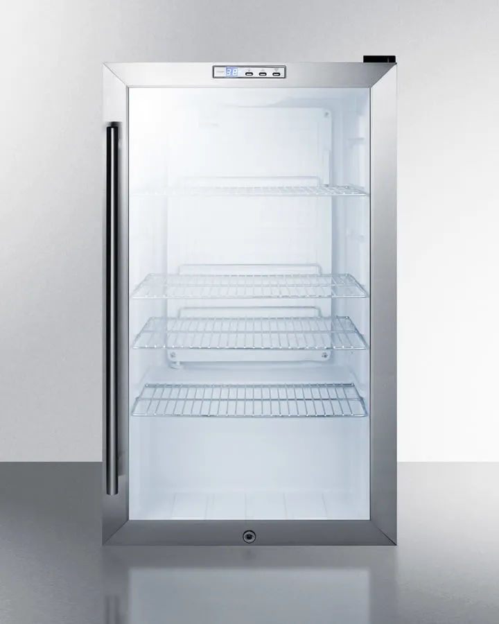 Summit SCR486L Commercial Freestanding Beverage Merchandiser Designed For The Display And Refrigeration Of Beverages And Sealed Food. With Glass Door. Black Cabinet. Front Lock. And Digital Thermostat
