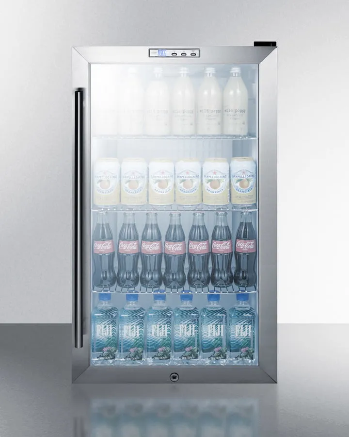 Summit SCR486L Commercial Freestanding Beverage Merchandiser Designed For The Display And Refrigeration Of Beverages And Sealed Food. With Glass Door. Black Cabinet. Front Lock. And Digital Thermostat