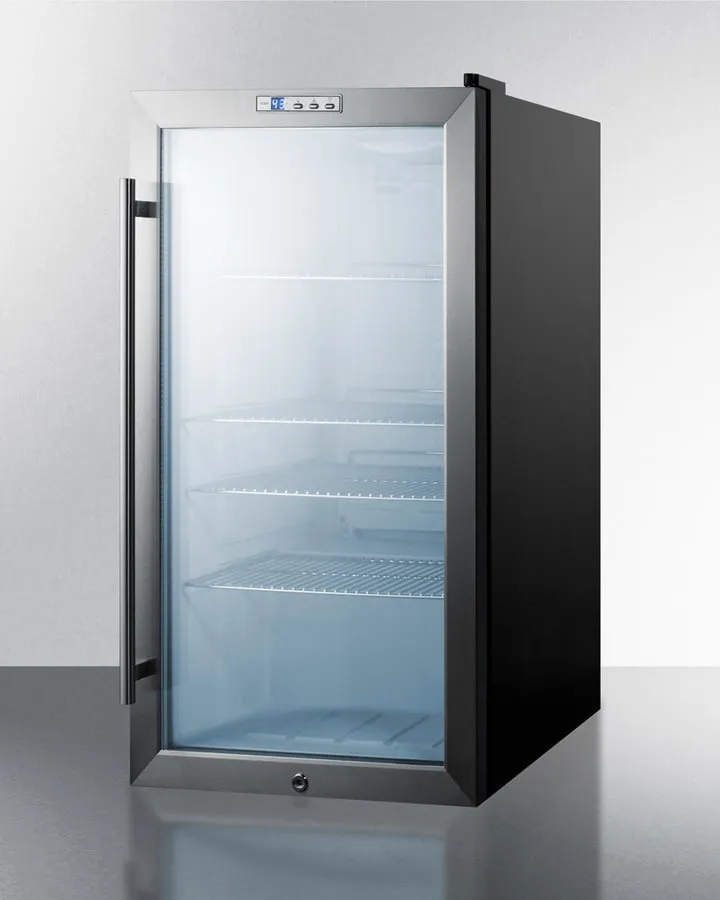 Summit SCR486L Commercial Freestanding Beverage Merchandiser Designed For The Display And Refrigeration Of Beverages And Sealed Food. With Glass Door. Black Cabinet. Front Lock. And Digital Thermostat