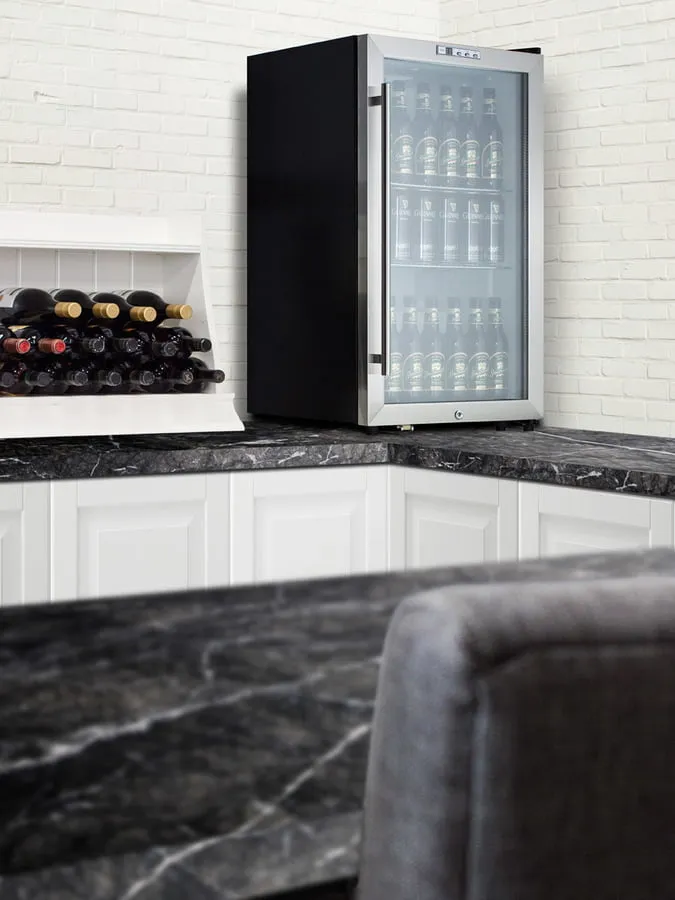 Summit SCR486L Commercial Freestanding Beverage Merchandiser Designed For The Display And Refrigeration Of Beverages And Sealed Food. With Glass Door. Black Cabinet. Front Lock. And Digital Thermostat