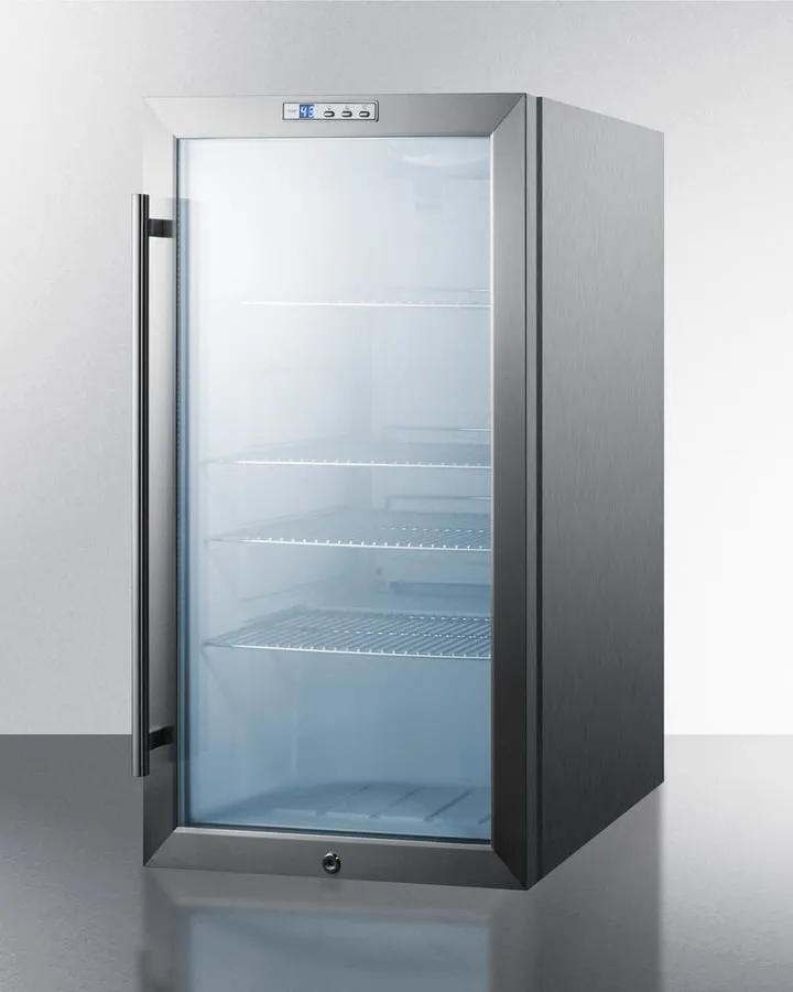 Summit SCR486LCSS Commercial Freestanding Beverage Merchandiser With Glass Door. Stainless Steel Cabinet. Front Lock. And Digital Thermostat
