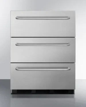 Summit SP6DSSTBOS7ADA Three-Drawer Commercial Outdoor All-Refrigerator In Ada Compliant Height. Fully Stainless Steel With Automatic Defrost And Towel Bar Handles